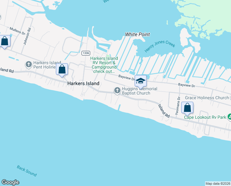 map of restaurants, bars, coffee shops, grocery stores, and more near State Road 1335 in Harkers Island