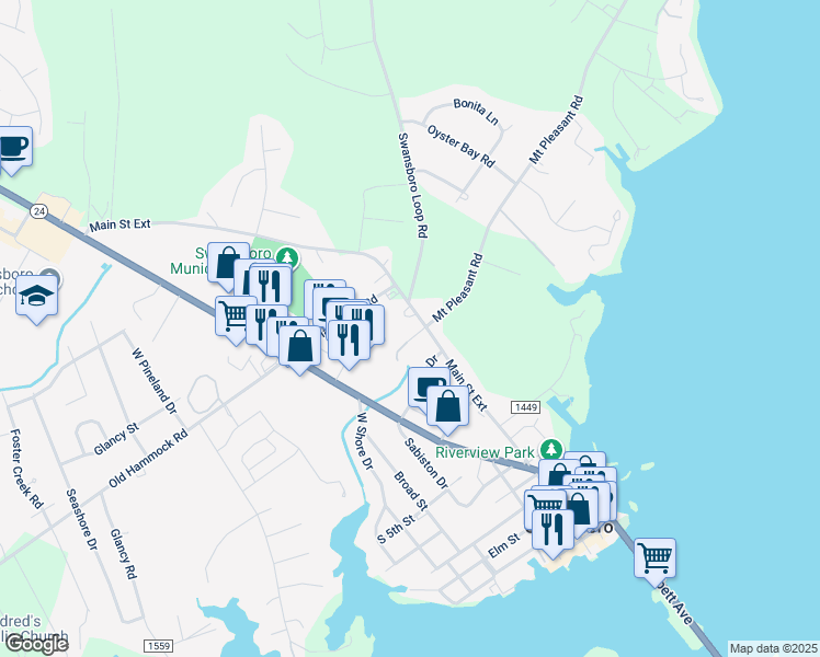 map of restaurants, bars, coffee shops, grocery stores, and more near 661 Main Street Extension in Swansboro