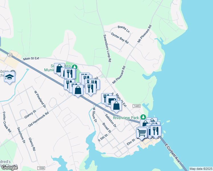 map of restaurants, bars, coffee shops, grocery stores, and more near 661 Main Street Extension in Swansboro