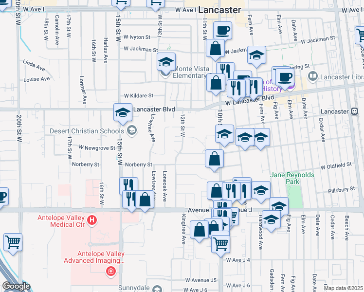 map of restaurants, bars, coffee shops, grocery stores, and more near 43063 10th Street West in Lancaster