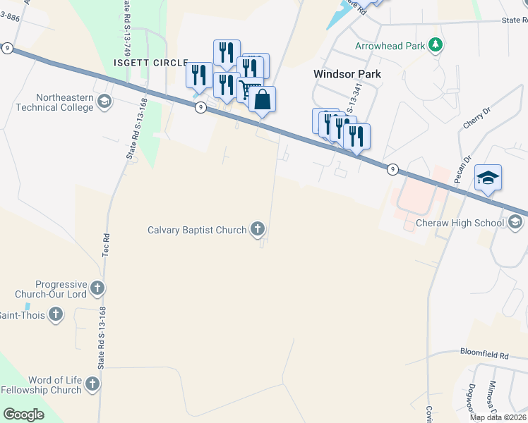 map of restaurants, bars, coffee shops, grocery stores, and more near 364 Calvary Road in Cheraw