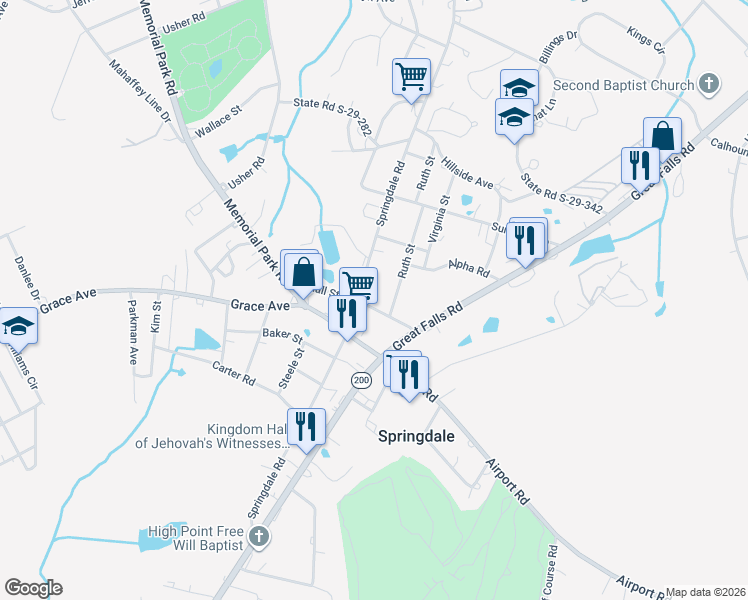 map of restaurants, bars, coffee shops, grocery stores, and more near 1731 Springdale Road in Lancaster