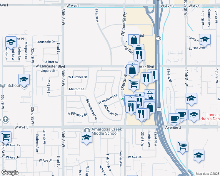 map of restaurants, bars, coffee shops, grocery stores, and more near 44635 Stonebridge Lane in Lancaster