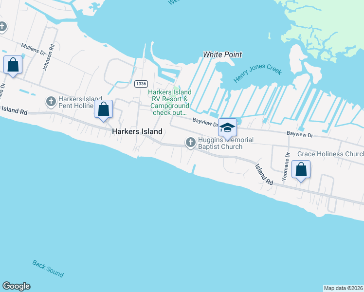 map of restaurants, bars, coffee shops, grocery stores, and more near 100 Pelican Lane in Harkers Island