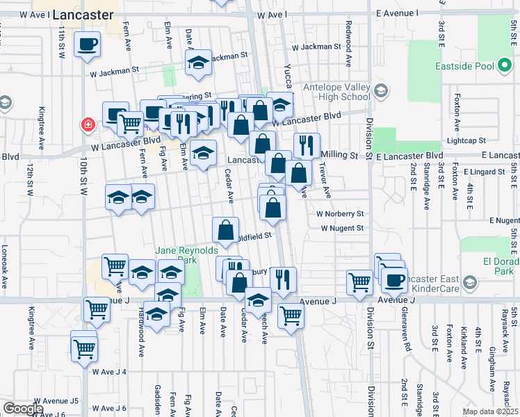 map of restaurants, bars, coffee shops, grocery stores, and more near 44628 Beech Avenue in Lancaster