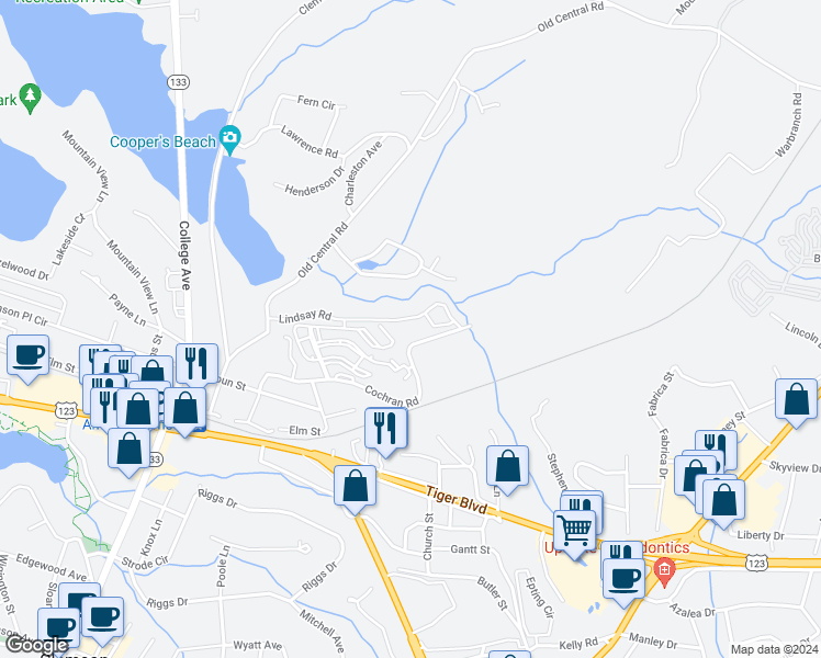 map of restaurants, bars, coffee shops, grocery stores, and more near 211 Cochran Road in Clemson