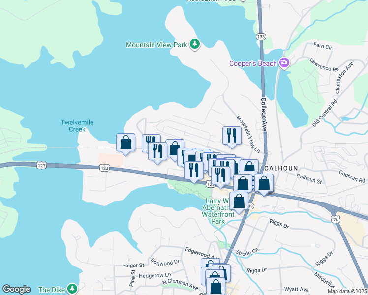 map of restaurants, bars, coffee shops, grocery stores, and more near 240 Elm Street in Clemson