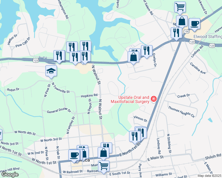 map of restaurants, bars, coffee shops, grocery stores, and more near 203 Maple Avenue in Seneca