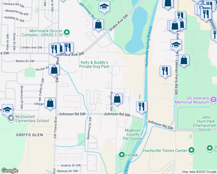 map of restaurants, bars, coffee shops, grocery stores, and more near 2905 Elmore Road Southwest in Huntsville