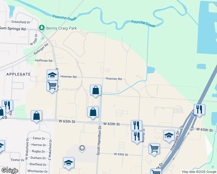 map of restaurants, bars, coffee shops, grocery stores, and more near 6111 Scott Hamilton Drive in Little Rock