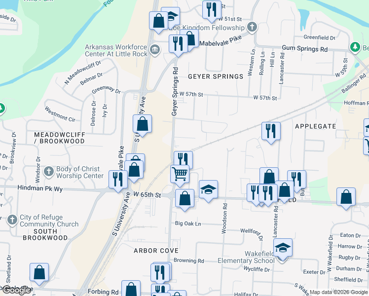 map of restaurants, bars, coffee shops, grocery stores, and more near 5800 Frozen Rd in Little Rock