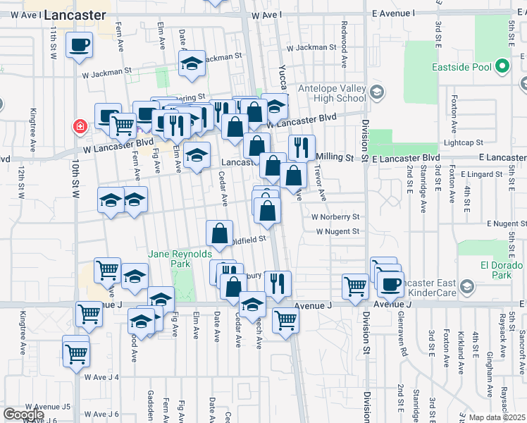 map of restaurants, bars, coffee shops, grocery stores, and more near 44647 Sierra Highway in Lancaster