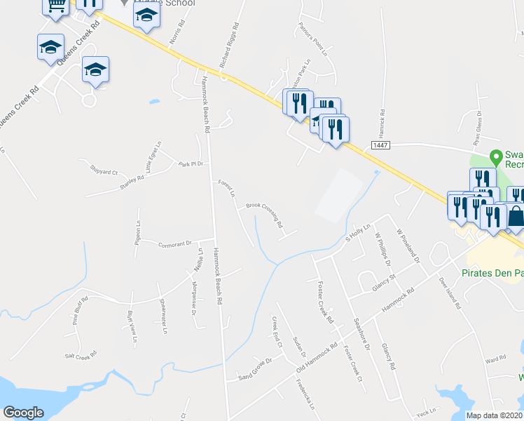 map of restaurants, bars, coffee shops, grocery stores, and more near 206 Brook Crossing Road in Swansboro