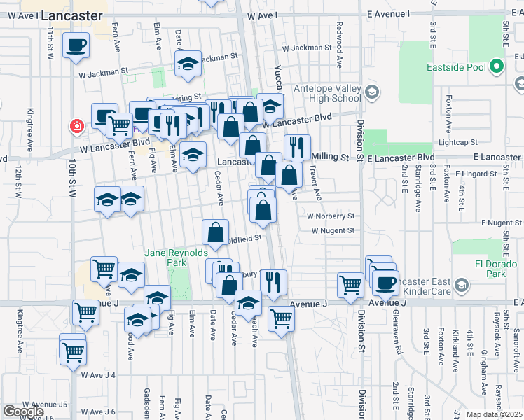 map of restaurants, bars, coffee shops, grocery stores, and more near 44647 Sierra Highway in Lancaster