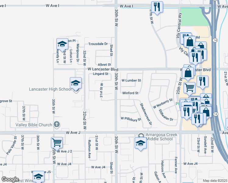 map of restaurants, bars, coffee shops, grocery stores, and more near 3005 Minford Street in Lancaster