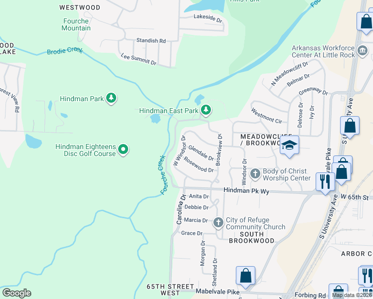 map of restaurants, bars, coffee shops, grocery stores, and more near 28 Rosewood Drive in Little Rock