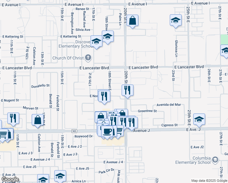 map of restaurants, bars, coffee shops, grocery stores, and more near 1814 Sierra View Avenue in Lancaster