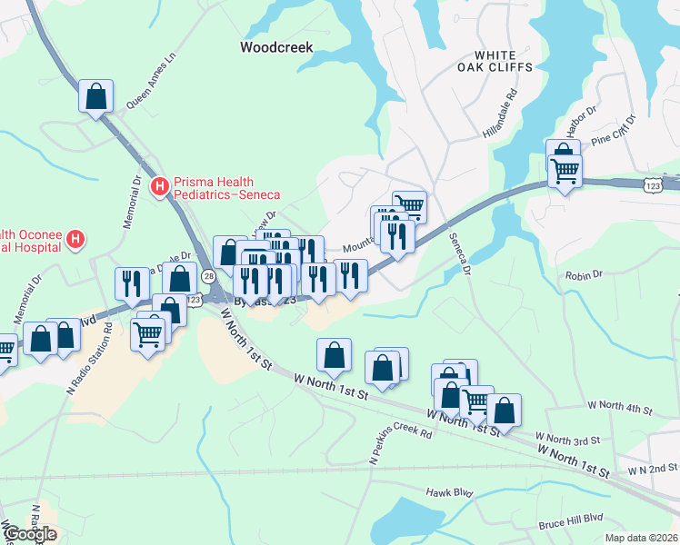 map of restaurants, bars, coffee shops, grocery stores, and more near 998 ByPass 123 in Seneca