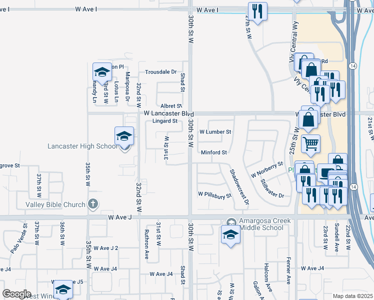 map of restaurants, bars, coffee shops, grocery stores, and more near 3005 Minford Street in Lancaster