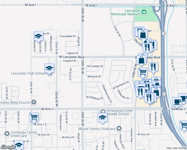 map of restaurants, bars, coffee shops, grocery stores, and more near 2819 West Newgrove Street in Lancaster