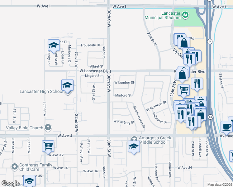 map of restaurants, bars, coffee shops, grocery stores, and more near 2839 Minford Street in Lancaster