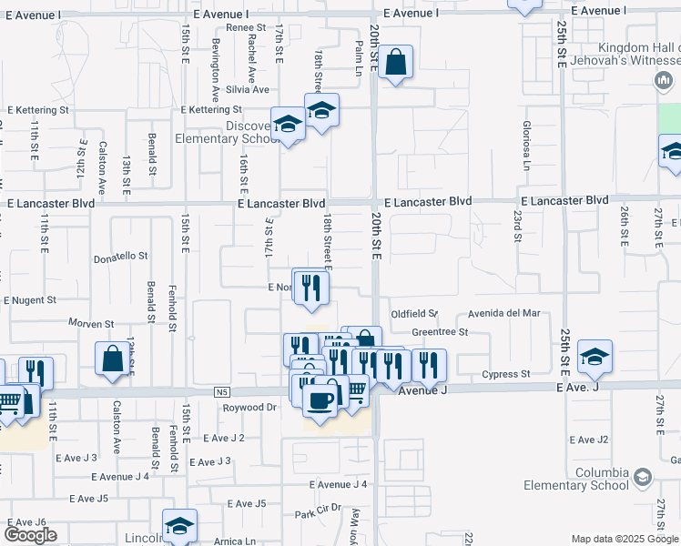 map of restaurants, bars, coffee shops, grocery stores, and more near 1814 Sierra View Avenue in Lancaster