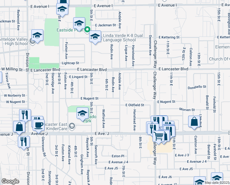 map of restaurants, bars, coffee shops, grocery stores, and more near 44620 Rodin Avenue in Lancaster