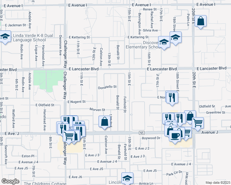 map of restaurants, bars, coffee shops, grocery stores, and more near 44633 Benald Street in Lancaster
