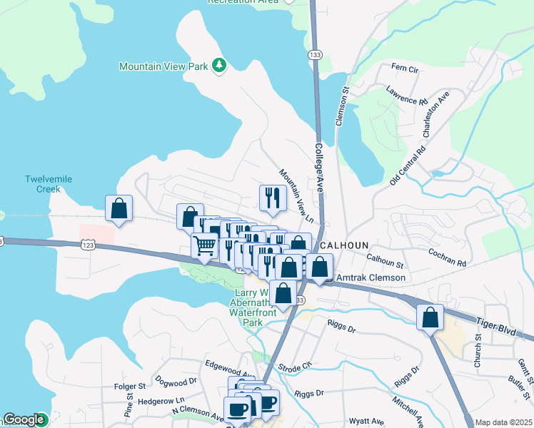 map of restaurants, bars, coffee shops, grocery stores, and more near 109 College Street in Clemson
