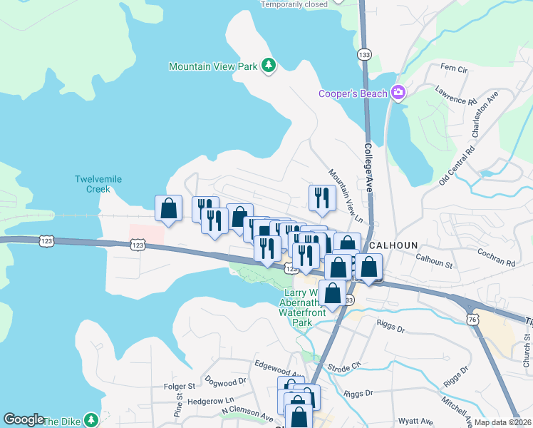 map of restaurants, bars, coffee shops, grocery stores, and more near 220 Elm Street in Clemson