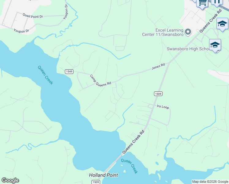 map of restaurants, bars, coffee shops, grocery stores, and more near 110 Queens Harbor Road in Swansboro