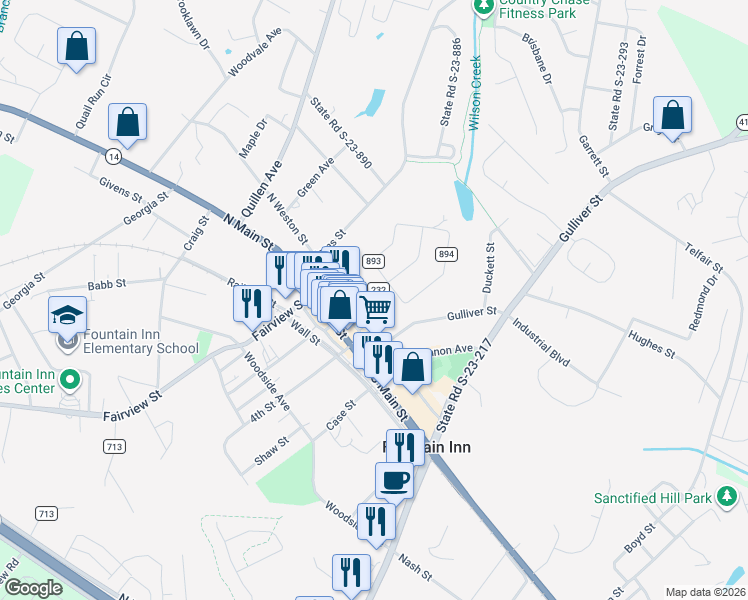 map of restaurants, bars, coffee shops, grocery stores, and more near 100 Weston Street in Fountain Inn