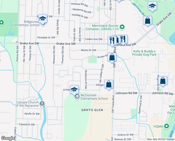 map of restaurants, bars, coffee shops, grocery stores, and more near 3319 Lockwood Court Southwest in Huntsville