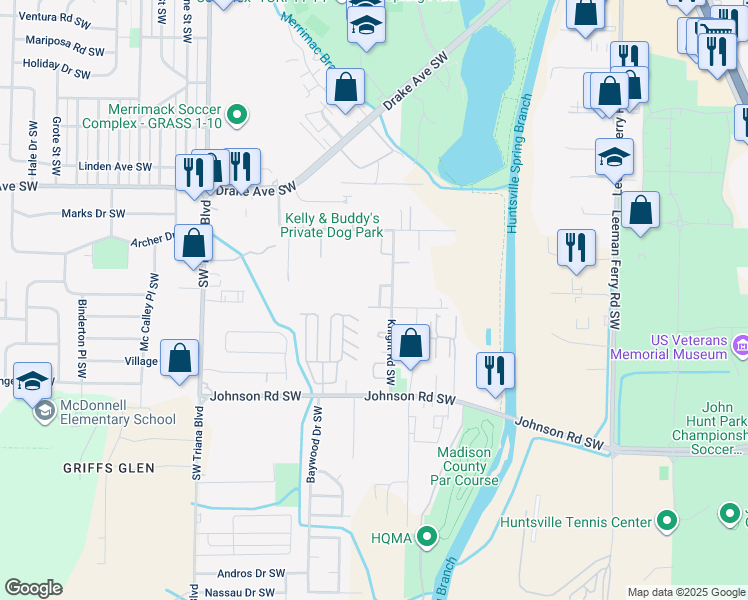 map of restaurants, bars, coffee shops, grocery stores, and more near 2905 Elmore Road Southwest in Huntsville