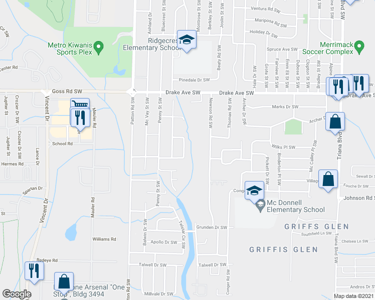 map of restaurants, bars, coffee shops, grocery stores, and more near 4116 Newson Road Southwest in Huntsville