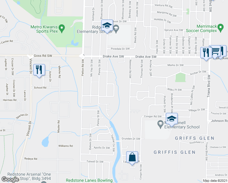 map of restaurants, bars, coffee shops, grocery stores, and more near 3903 Foster Avenue Southwest in Huntsville