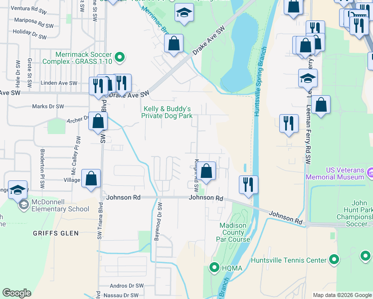 map of restaurants, bars, coffee shops, grocery stores, and more near 2902 Elmore Road Southwest in Huntsville