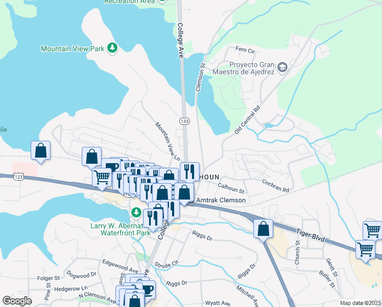 map of restaurants, bars, coffee shops, grocery stores, and more near 808 College Avenue in Clemson