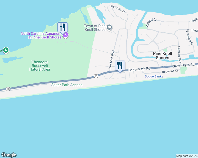 map of restaurants, bars, coffee shops, grocery stores, and more near 315 Salter Path Road in Pine Knoll Shores
