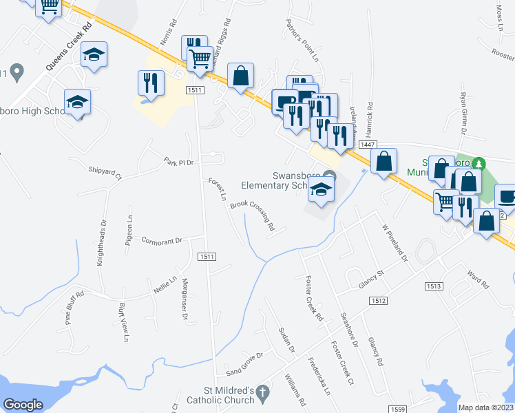 map of restaurants, bars, coffee shops, grocery stores, and more near 206 Brook Crossing Road in Swansboro