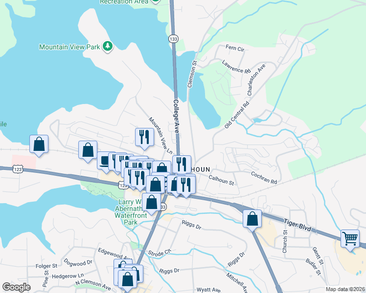 map of restaurants, bars, coffee shops, grocery stores, and more near 808 College Avenue in Clemson