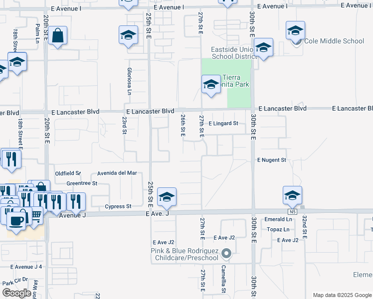 map of restaurants, bars, coffee shops, grocery stores, and more near 44628 26th Street East in Lancaster