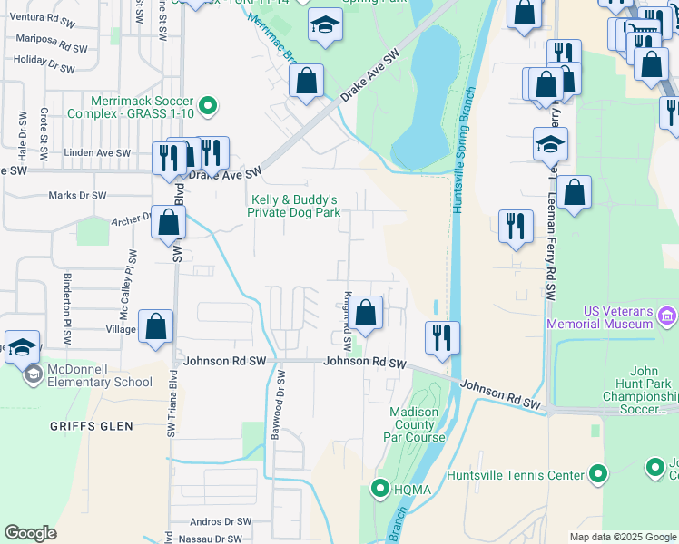 map of restaurants, bars, coffee shops, grocery stores, and more near 4002 Knight Road Southwest in Huntsville