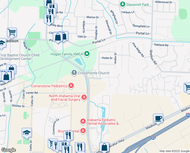 map of restaurants, bars, coffee shops, grocery stores, and more near 100 Park Square Lane in Madison