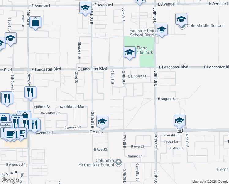 map of restaurants, bars, coffee shops, grocery stores, and more near 44628 26th Street East in Lancaster
