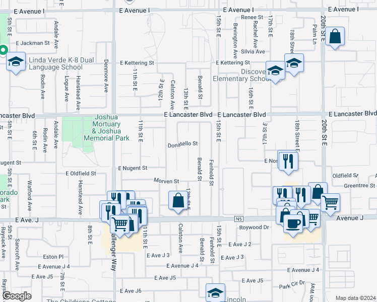 map of restaurants, bars, coffee shops, grocery stores, and more near 44656 13th Street East in Lancaster
