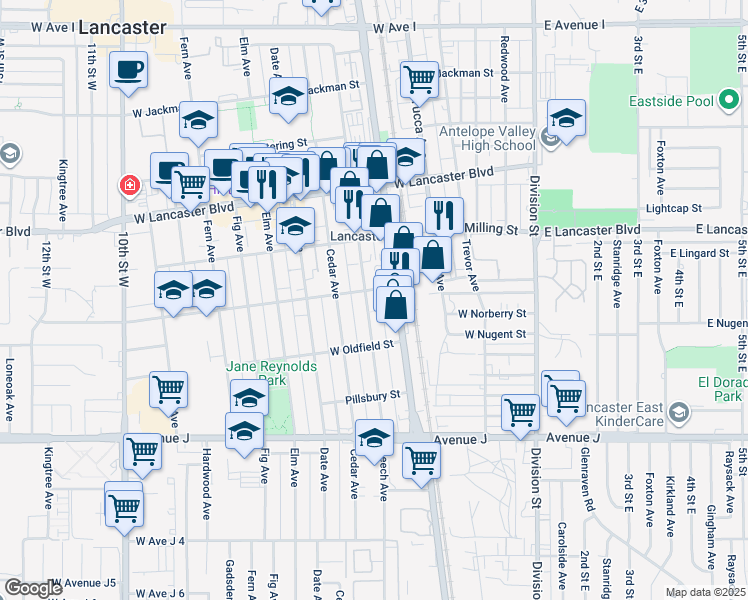 map of restaurants, bars, coffee shops, grocery stores, and more near 525 West Newgrove Street in Lancaster
