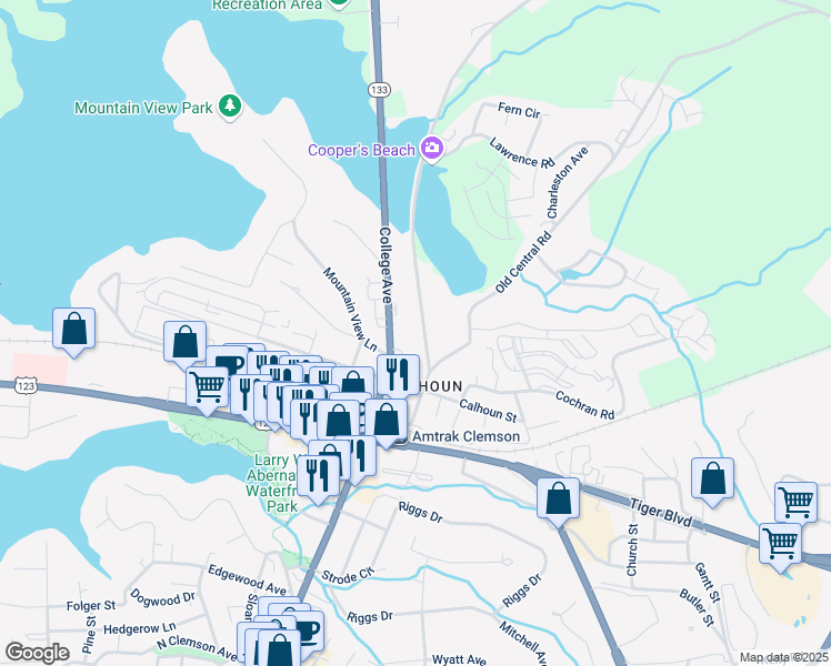 map of restaurants, bars, coffee shops, grocery stores, and more near 116 Clemson Street in Clemson