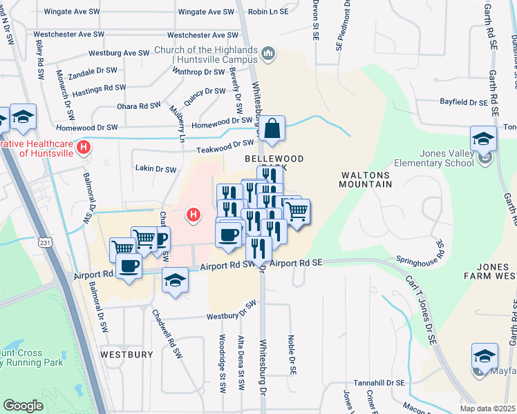map of restaurants, bars, coffee shops, grocery stores, and more near 4725 Whitesburg Drive in Huntsville