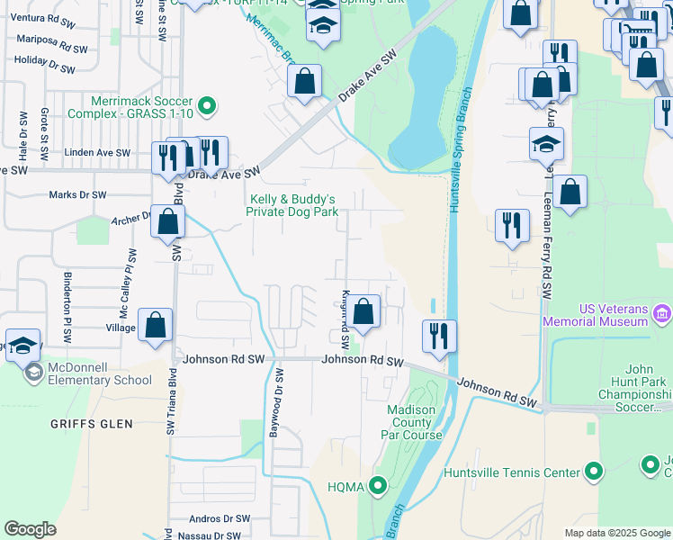 map of restaurants, bars, coffee shops, grocery stores, and more near 4002 Knight Road Southwest in Huntsville